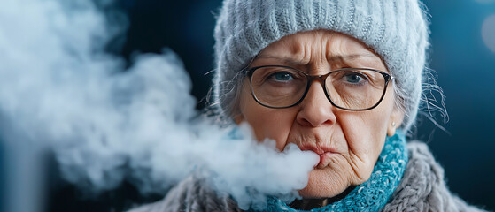 Elderly woman faces breathing challenges amid urban smog