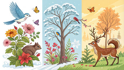 vibrant illustration depicting seasonal changes with animals and plants