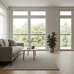 modern minimalist living room interior with grey sofa and rug  wooden coffee table and large windows with trees view  light natural hardwood floor  minimalist design concept