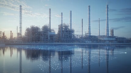Obraz premium Industrial landscape at twilight, refinery silhouetted against dusk, calm reflective water, towering chimneys, serene sky
