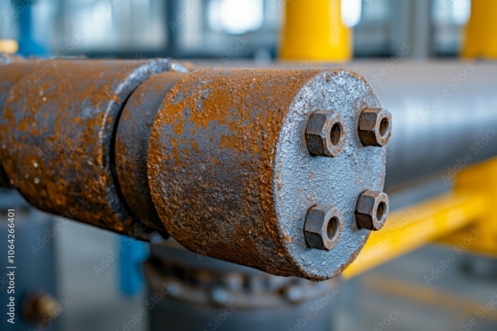 Poster a rusty pipe with four nuts on top