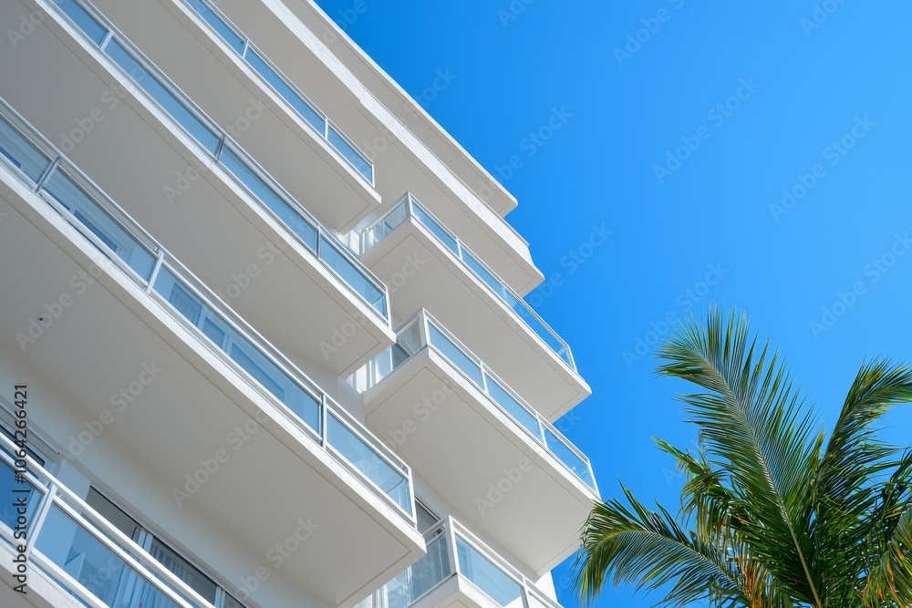 Poster a tall white building with a balcony and a palm tree in front of it