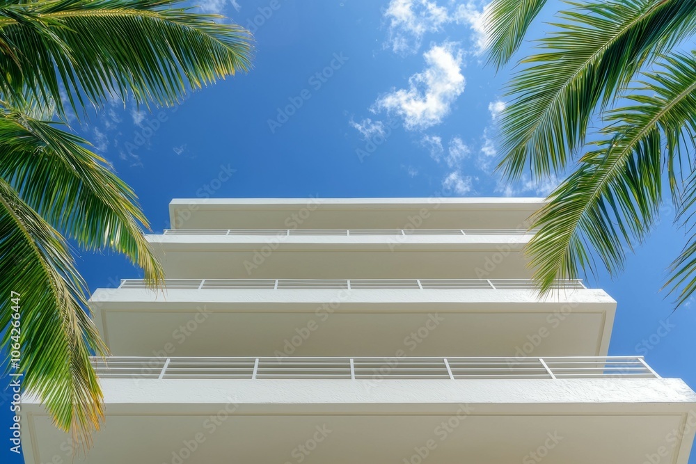 Poster a white building with a balcony and palm trees in the background