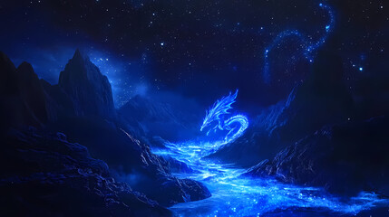 Obraz premium A mystical dragon crafted from radiant blue light emerges from a cosmic river, imbued with elements of mystery and intrigue as it traverses the starlit nightscape. Mystical. Illustration