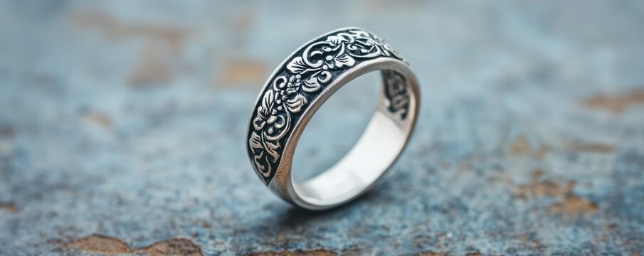 Elegant silver ring with intricate floral design on rustic background.