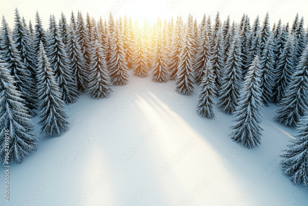Poster a snowy forest with trees in the foreground and background