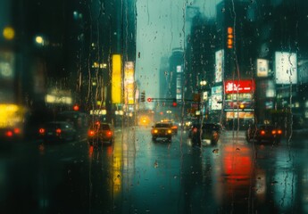 Fototapeta premium the view through a rain-covered window, with traffic lights and blurred buildings in the background.