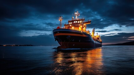 Fototapeta premium Huge Cargo Ship Navigating at Dusk