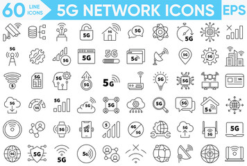 5G network outline web icons set. Connected, no signal, data upload, Wi-Fi, signal strength and more. vector and illustrator set.