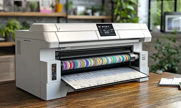 A close-up of a printer with a digital display and a large roll of colorful paper.