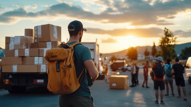 Humanitarian Aid Workers Unloading Supplies at Sunset