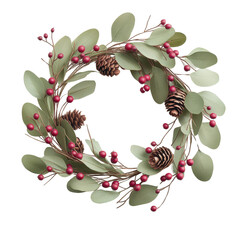 A flower crown made of pine needles and berries with a red and green color scheme Transparent background