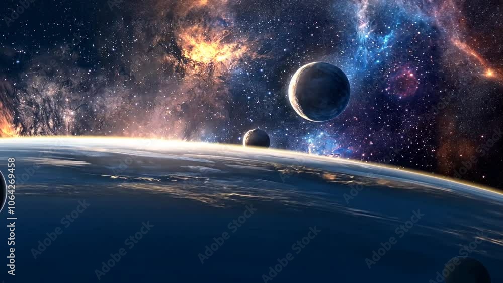 Aufkleber a distant planet with a glowing atmosphere and multiple moons, against a backdrop of colorful nebula
