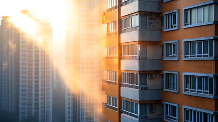 Sunlight filters through smog illuminating apartment buildings