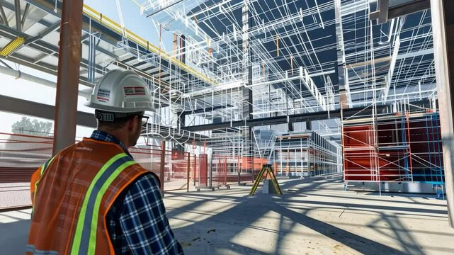 Construction Site Supervisor with BIM Overlay: A construction worker wearing a safety helmet and vest contemplates a building under construction.