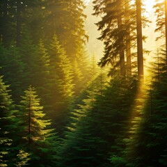 Obraz premium sunbeams through lush green evergreen forest trees in misty morning fog