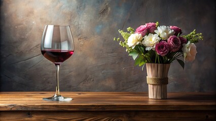 Single elegant wine glass placed next to a small vase with fresh flowers on a wooden side table, decorative items, side table, table