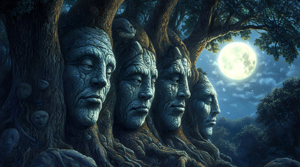 Fototapeta premium Ancient trees, carved faces, moonlight, mystical forest whispers secrets. Mystical. Illustration