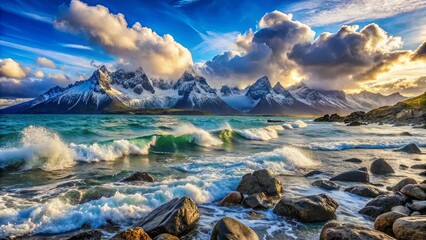 Dramatic Coastal Scene with Rolling Waves Crashing on a Rocky Shoreline, Backdropped by Majestic Snow-Capped Peaks and a Vibrant Sky
