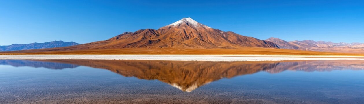 Stunning panoramic view of a mountain reflected in a serene salt flat under a clear blue sky.