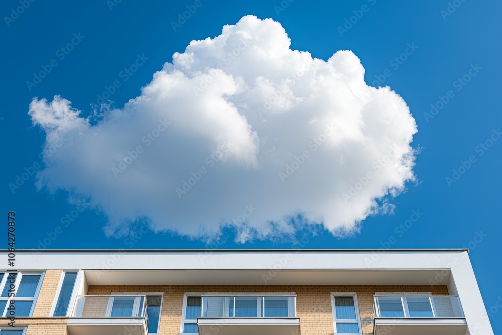 Poster a large cloud is floating in the sky above a building