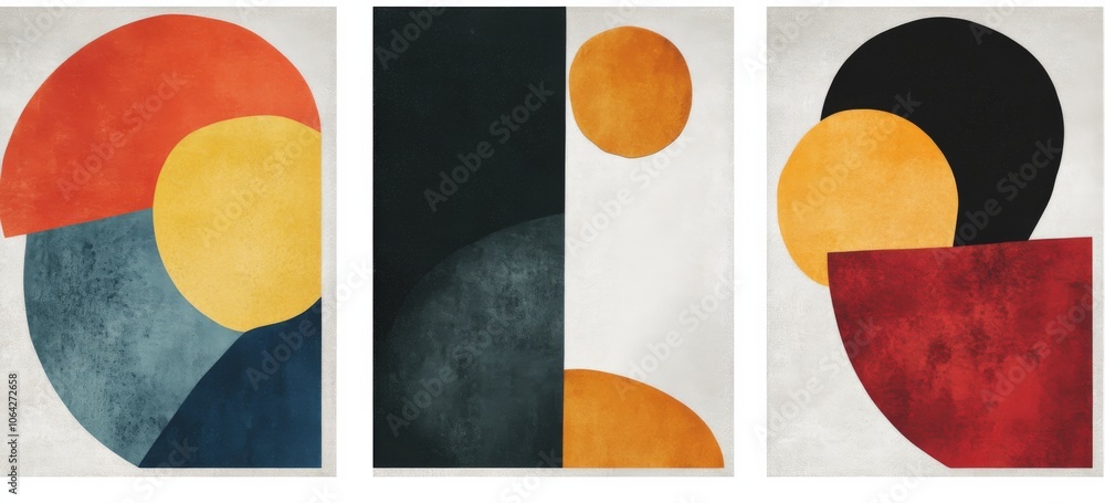 Poster set of three minimalist abstract wall art prints, featuring simple shapes and forms with a colorful 