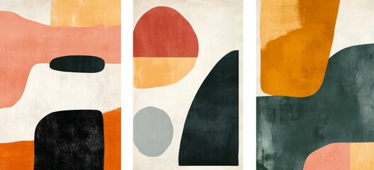 Set of three minimalist abstract wall art prints, featuring simple shapes and forms with a colorful palette in a boho style, perfect for modern home decor and interior design.   © kkkiim graphic