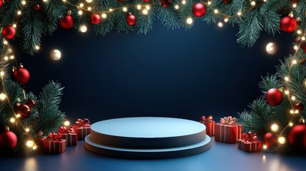 Christmas Podium Blue Background With 3D realistic for product display