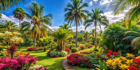 Fototapeta premium Tropical garden with exotic flowers and palm trees in full bloom, greenery, tropical