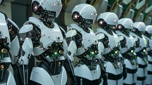 Army of Robots: Futuristic white robots standing in a line, showcasing advanced technology and artificial intelligence.  