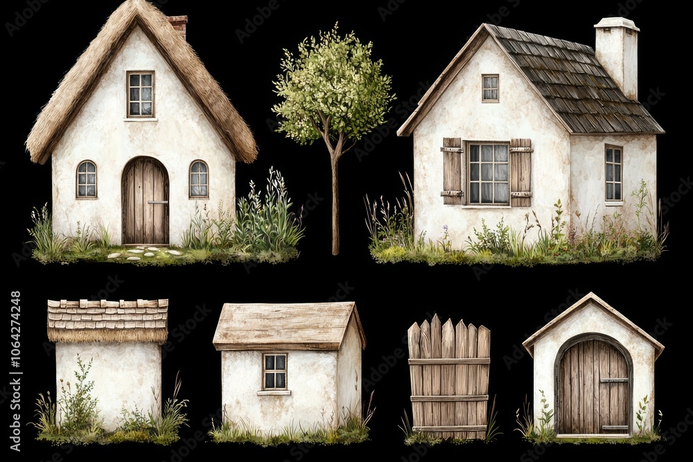 Poster a set of houses with a tree in the middle