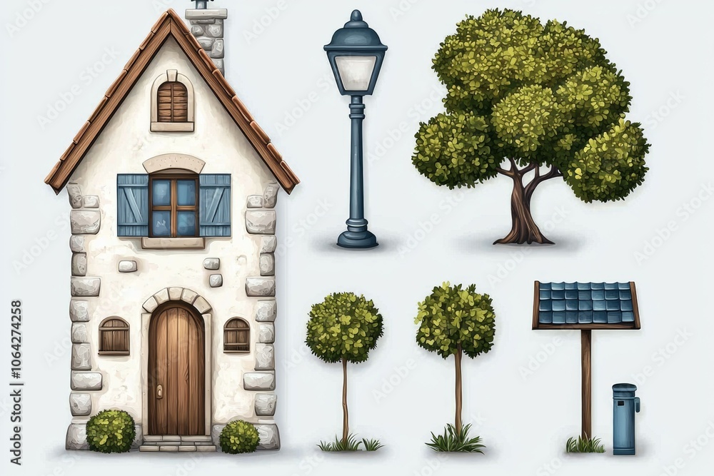 Poster a house with a tree and a lamp post in front of it
