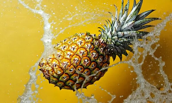 A ripe pineapple with water splashing around it on a yellow background.