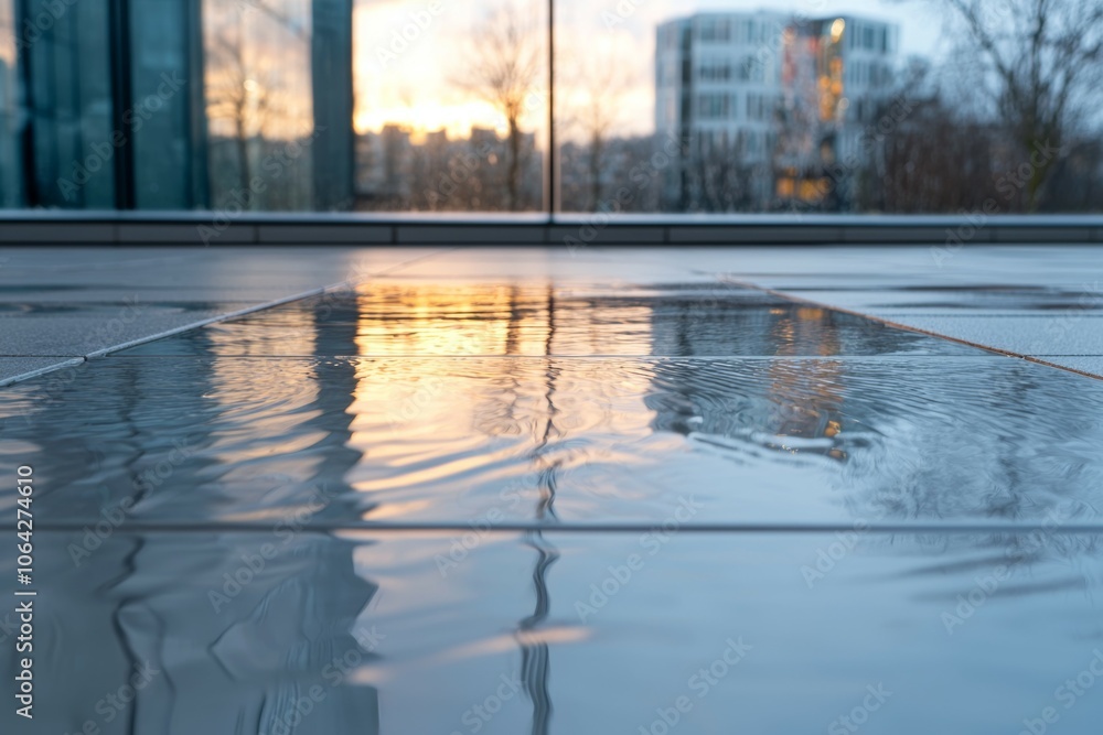 Poster a reflection of a building in a puddle of water
