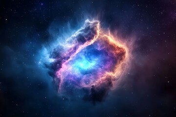 A colorful nebula in space with a blue and orange center