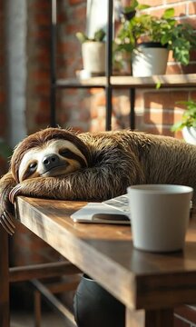 A sloth naps peacefully on a wooden desk in a home office, with a laptop and mug nearby.