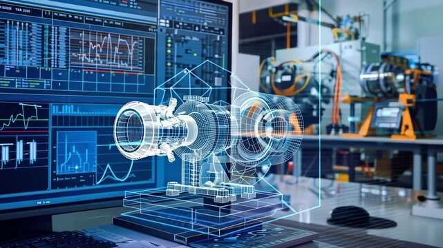 Engineering Innovation:  A futuristic 3D model of a jet engine component displayed on a computer screen within a high-tech industrial factory setting.