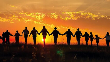 Sunset Unity: Silhouetted figures holding hands at sunset, symbolizing community, hope, and togetherness.  