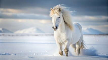 Obraz premium White horse standing in snow with a background of Icelandic landscape
