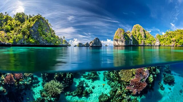 A split-level view of a tropical island with lush green foliage, rocky cliffs, and a vibrant coral reef beneath the clear turquoise water. Animation looping video background. Generated with AI
