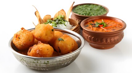 black gram or urad dal vada or pakoda or aalu bonda, aalu bonde with coconut and pudina chutney, isolated. 