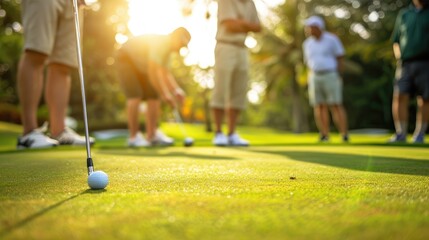 Concept of golfer on the putting green while team members watch the competition.