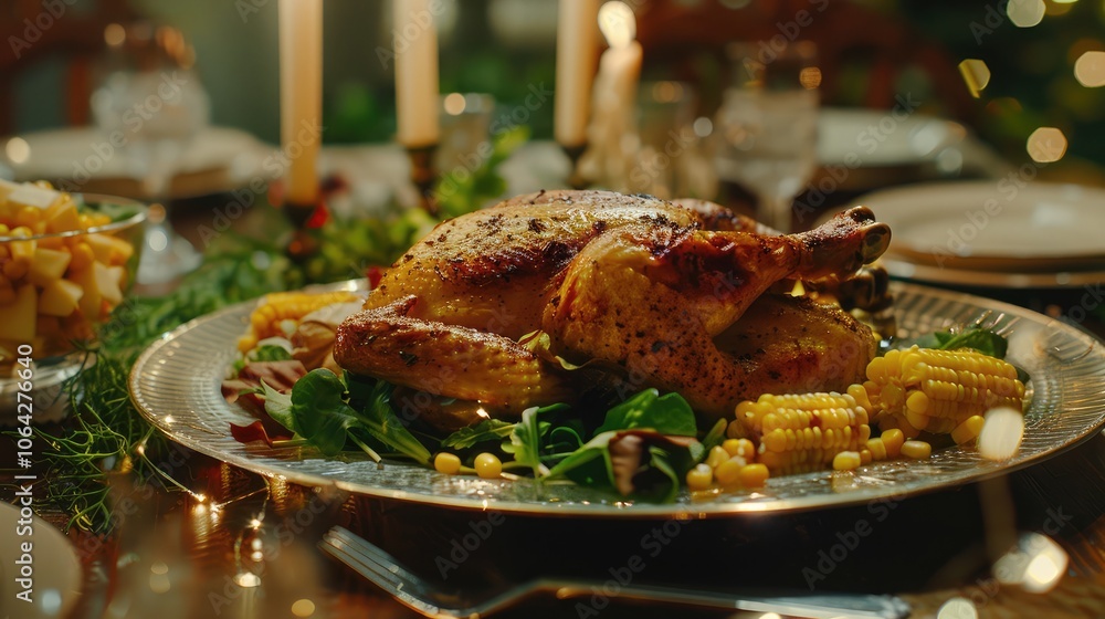Fototapete header background image of roasted turkey and cheese platter served with empty champagne glasses on 