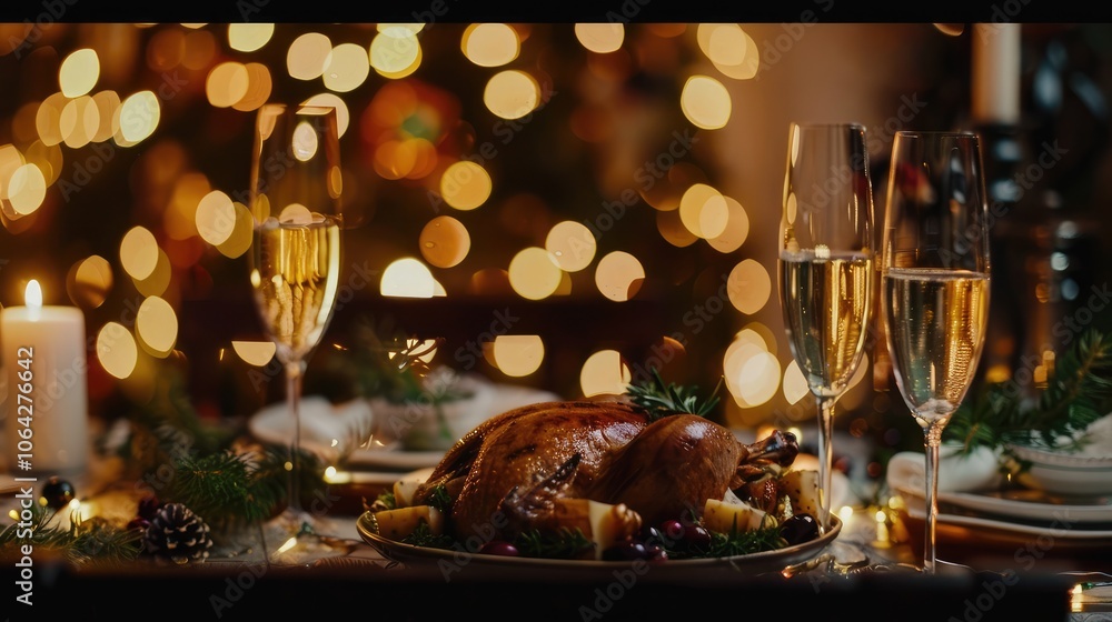 Fototapete header background image of roasted turkey and cheese platter served with empty champagne glasses on 