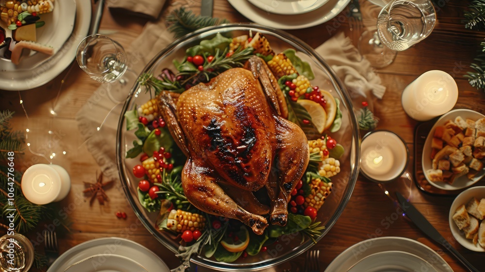 Fototapete grilled chicken head background with corn serve on a glass plate as a main course at a festive table