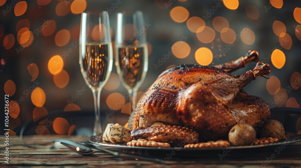 Fototapete header background image of roasted turkey and cheese platter served with empty champagne glasses on 