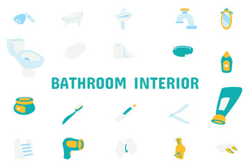 Bathroom Interior Flat Vector Illustration Icon Sticker Set Design Materials