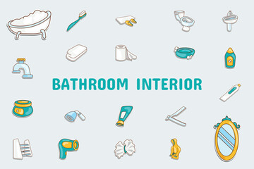 Bathroom Interior Lineal Color Vector Illustration Icon Sticker Set Design Materials