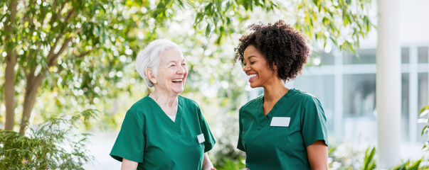 Two nurses are smiling at each other in a green uniform