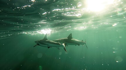 Obraz premium Concept of two sharks swimming under the sunlit ocean surface.